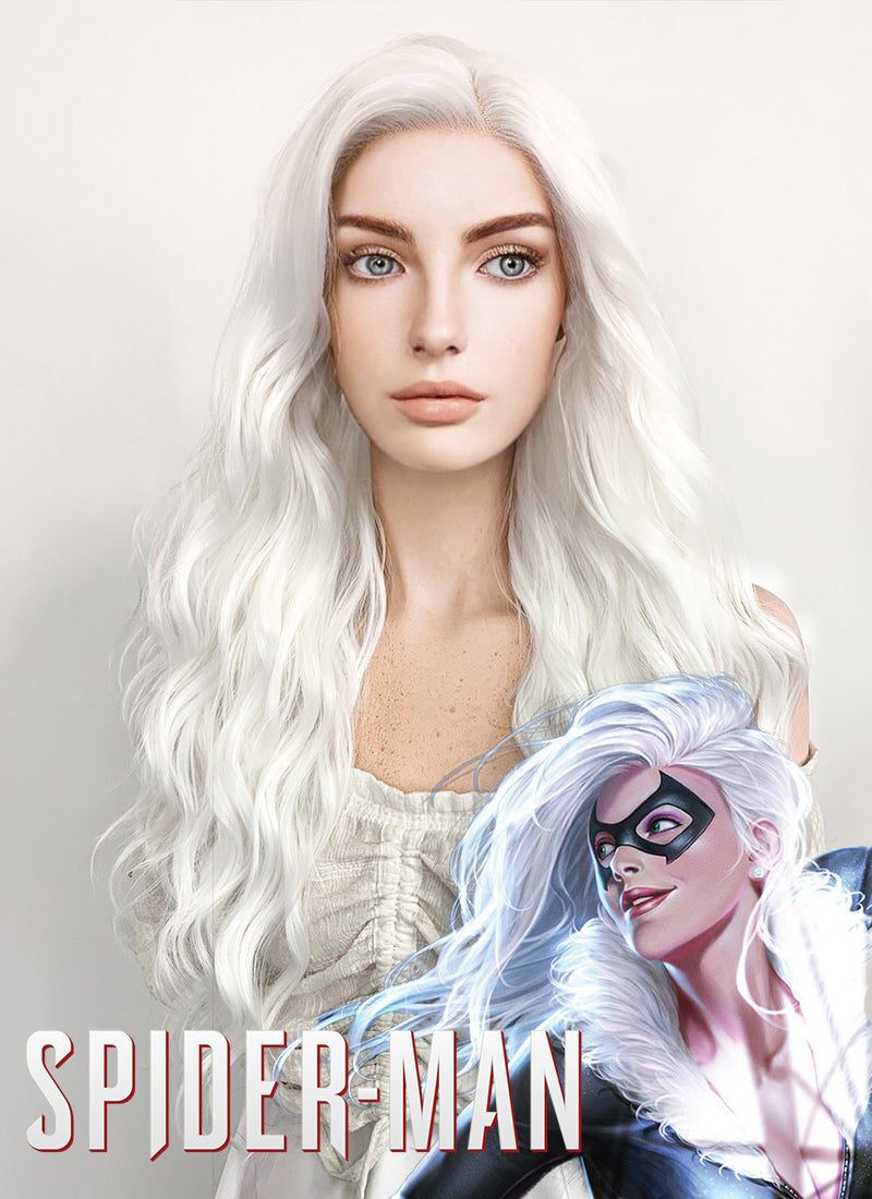 Marvel Black Cat Long Wavy White Lace Front Synthetic Hair Wig LF388