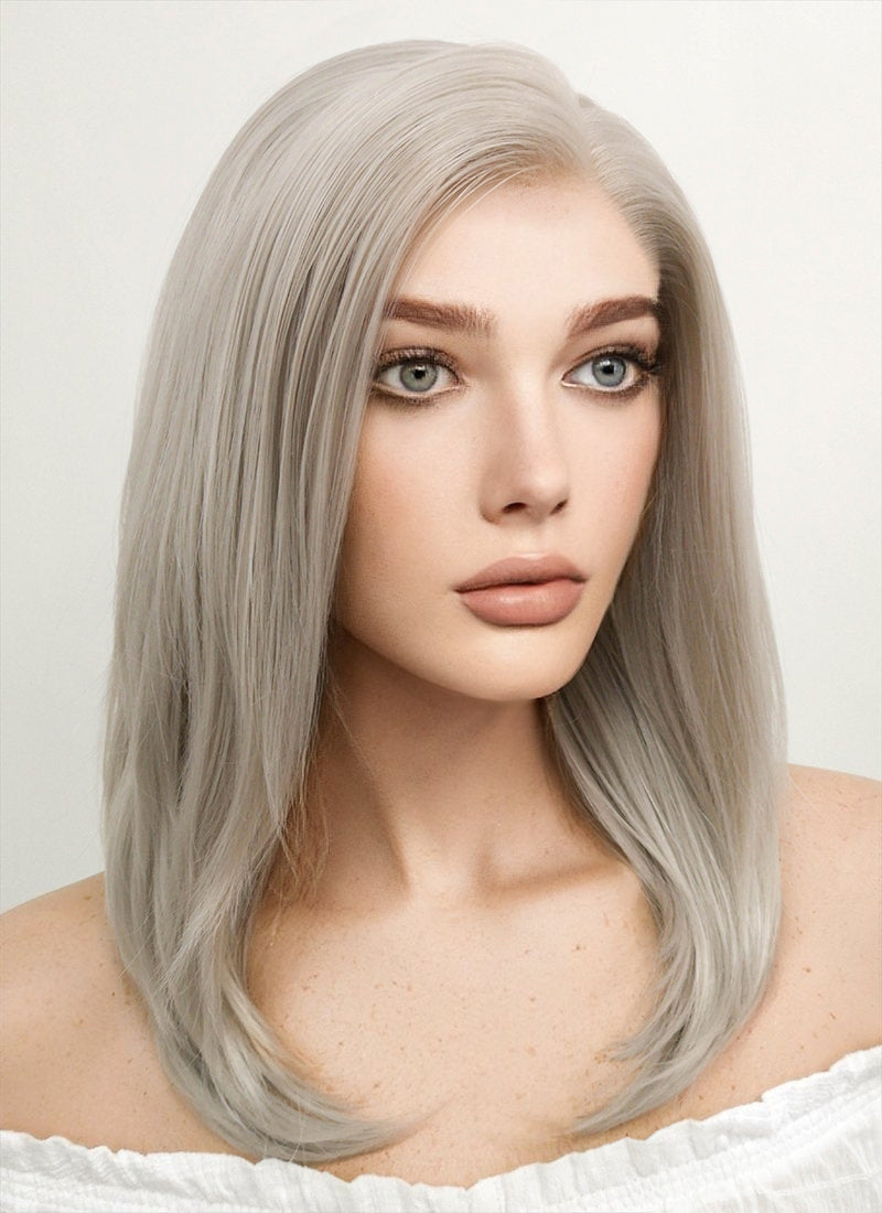 The Witcher III Ciri Medium Straight Bob Pastel Grey Blonde Lace Front Synthetic Hair Wig LF509