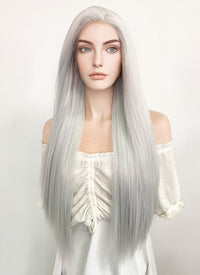 Long Straight Yaki Silver Grey Lace Front Synthetic Hair Wig LF624N