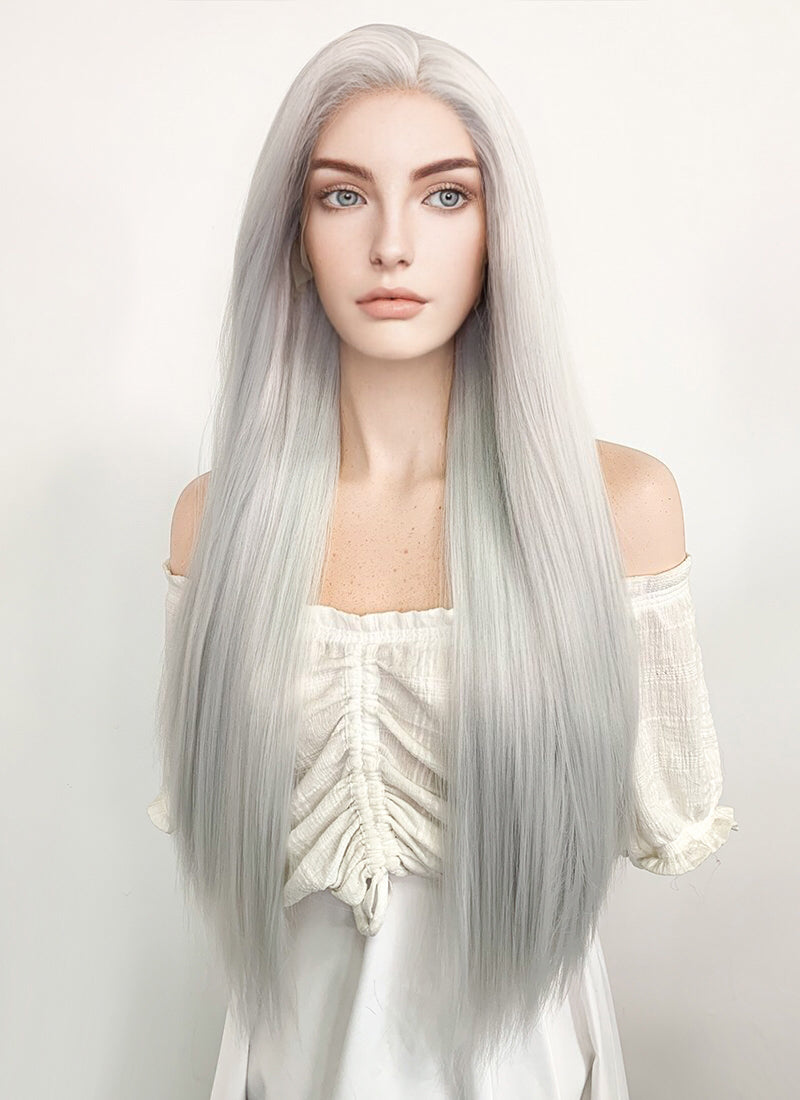 Long Straight Yaki Silver Grey Lace Front Synthetic Hair Wig LF624N