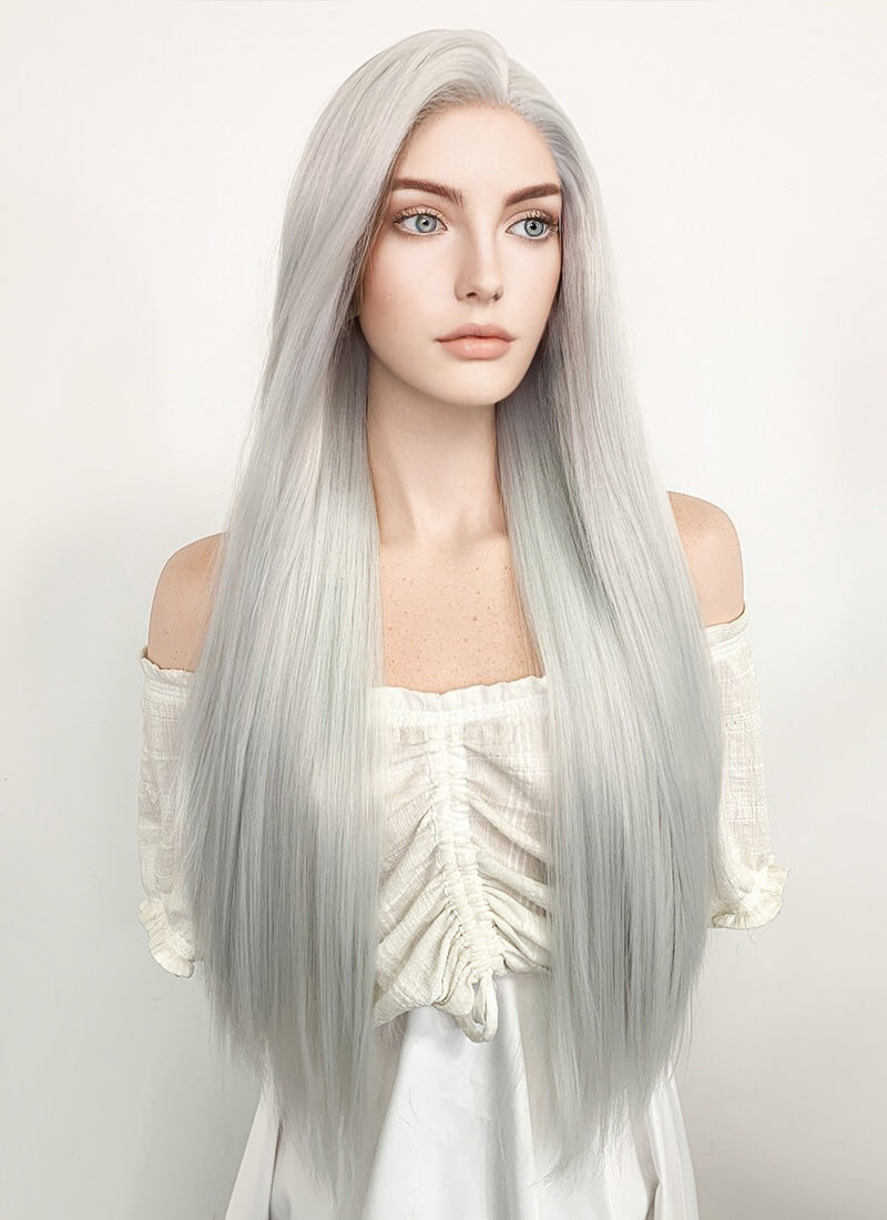 Long Straight Yaki Silver Grey Lace Front Synthetic Hair Wig LF624N