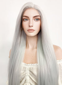 Long Straight Yaki Silver Grey Lace Front Synthetic Hair Wig LF624N