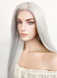 Long Straight Yaki Silver Grey Lace Front Synthetic Hair Wig LF624N