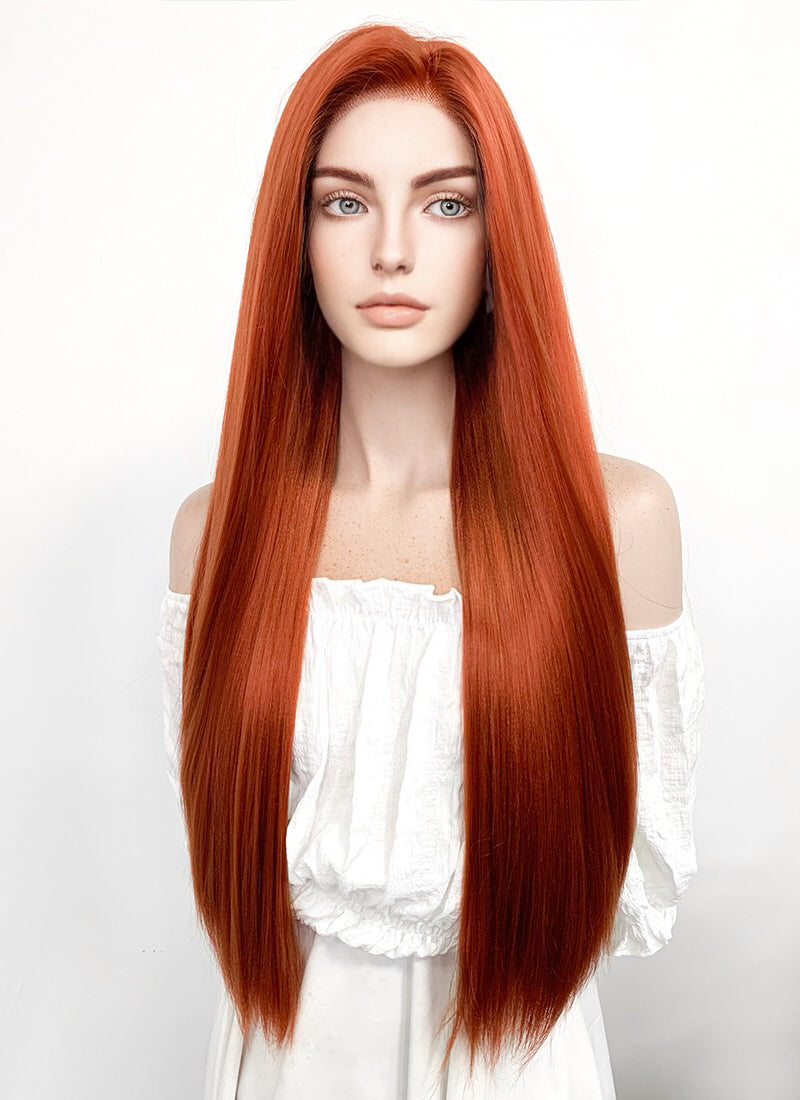 Long Straight Yaki Reddish Orange Lace Front Synthetic Hair Wig LF624 - CosplayBuzz