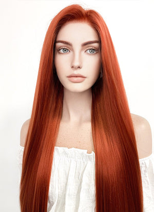 Long Straight Yaki Reddish Orange Lace Front Synthetic Hair Wig LF624