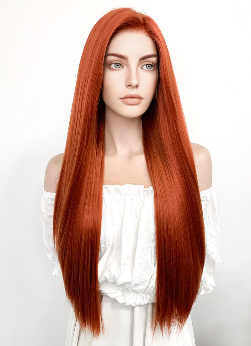 Long Straight Yaki Reddish Orange Lace Front Synthetic Hair Wig LF624