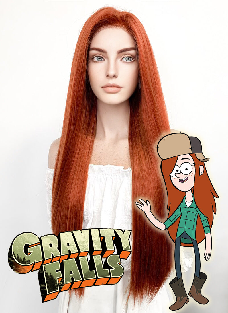 Disney Gravity Falls Wendy Long Straight Yaki Reddish Orange Lace Front Synthetic Hair Wig LF624