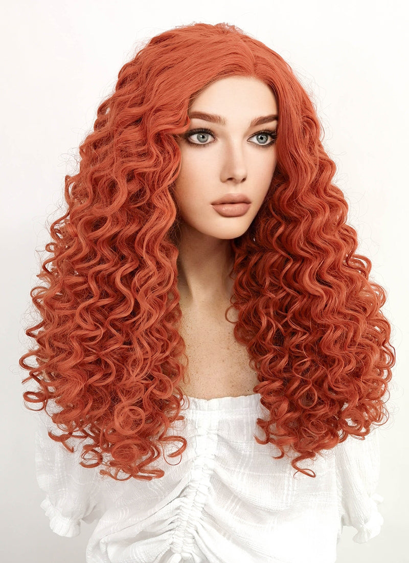 Disney Brave Merida Cosplay Long Spiral Curly Reddish Orange Lace Front Synthetic Hair Wig LF663J