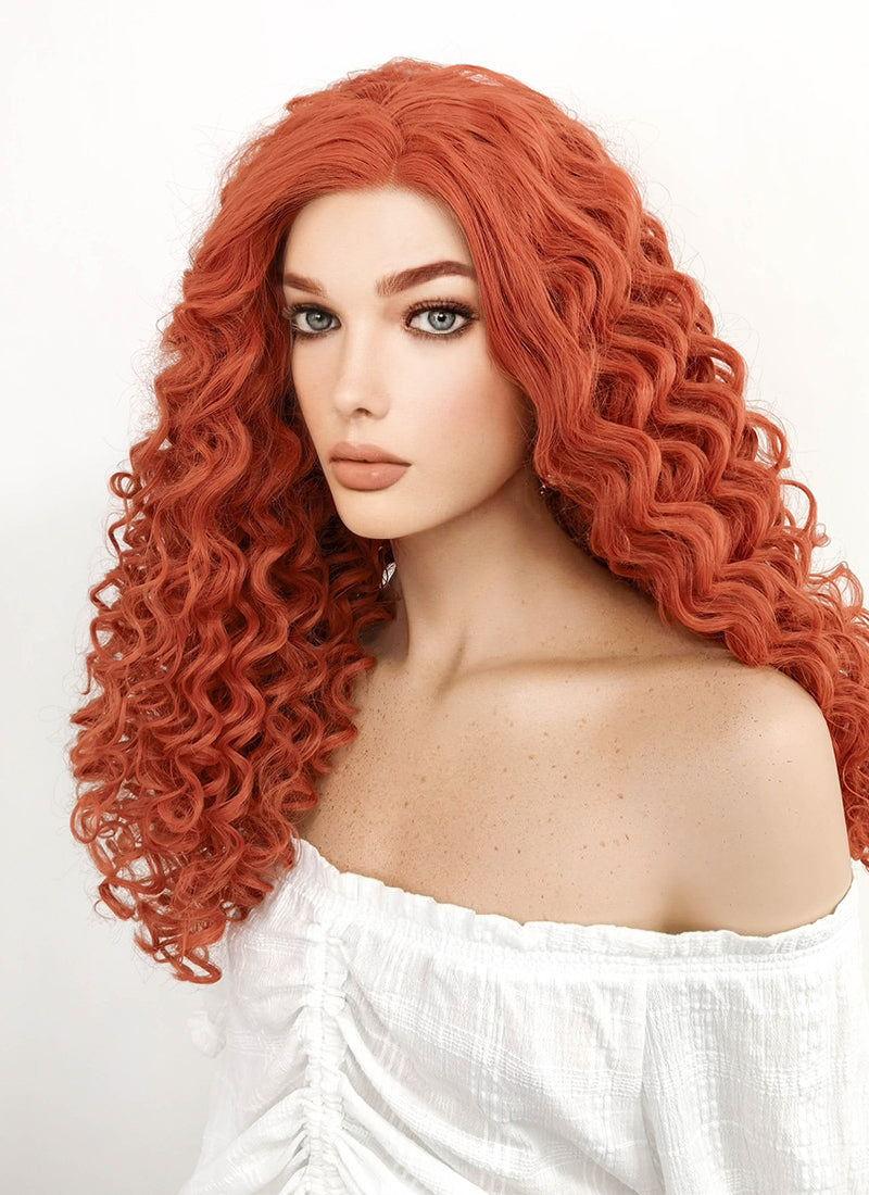 Disney Brave Merida Cosplay Long Spiral Curly Reddish Orange Lace Front Synthetic Hair Wig LF663J