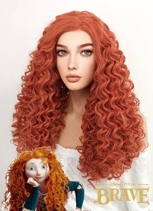 Disney Brave Merida Cosplay Long Spiral Curly Reddish Orange Lace Front Synthetic Hair Wig LF663J