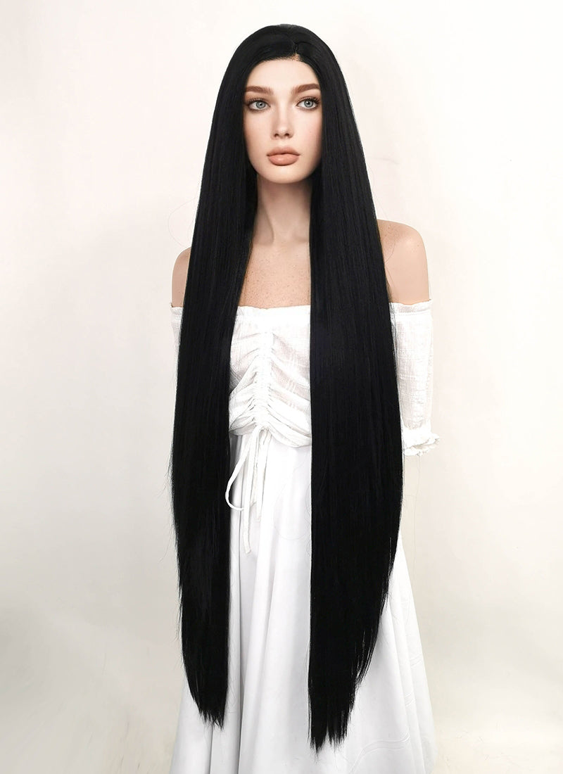 Long Straight Yaki Jet Black Lace Front Synthetic Hair Wig LF701R