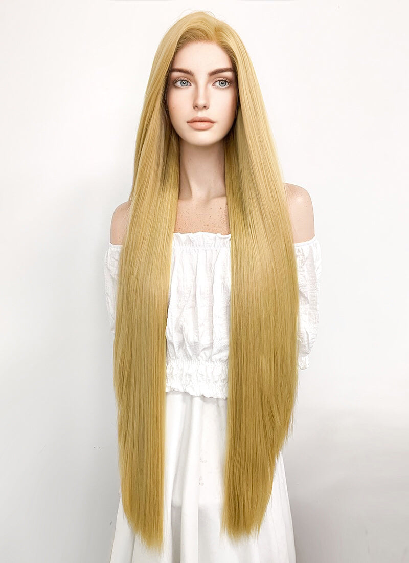 Disney Princess Tangled Rapunzel Long Straight Yaki Blonde Lace Front Synthetic Hair Wig LF701S