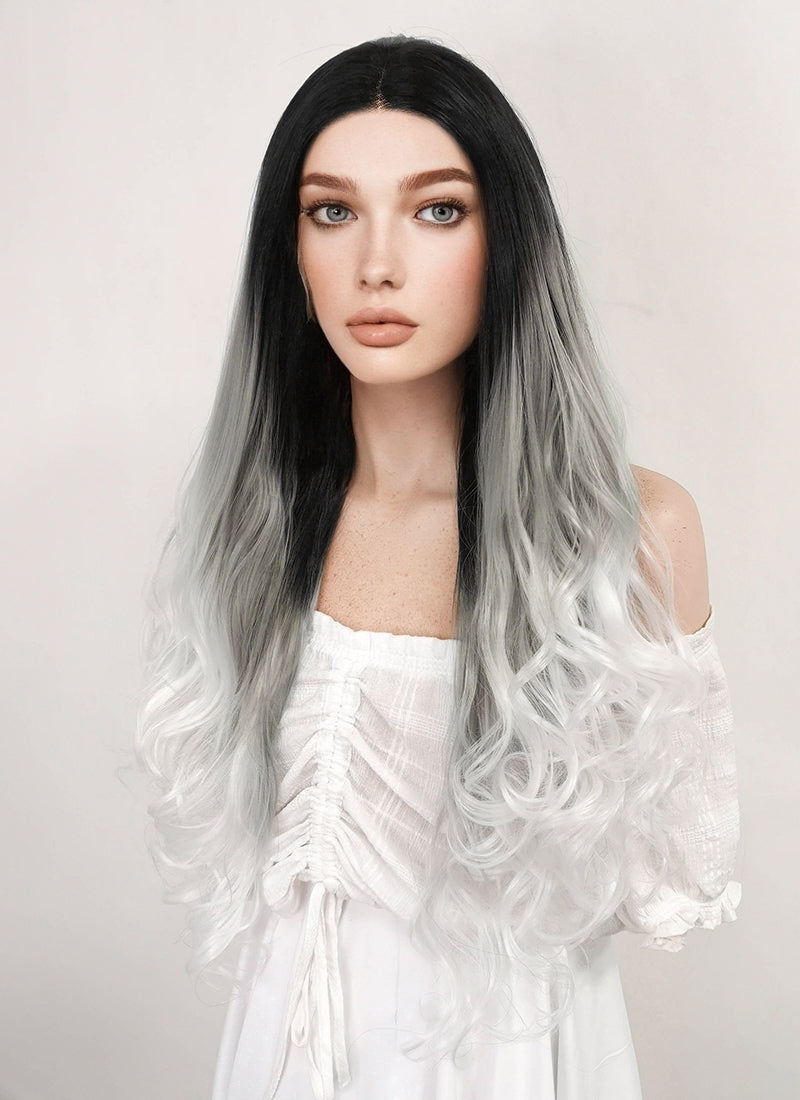 Long Wavy Black Grey White Mixed Lace Front Synthetic Hair Wig LF781