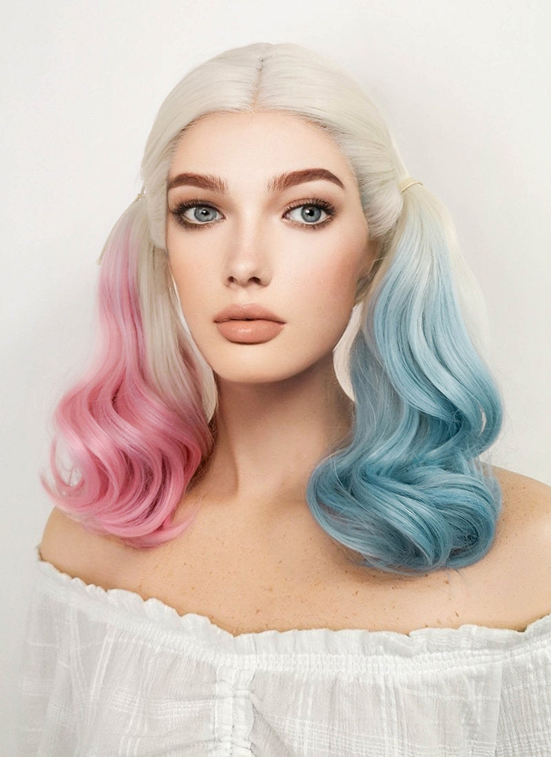 Suicide Squad Harley Quinn Medium Blonde Pink Blue Lace Front Synthetic Hair Wig LF853E