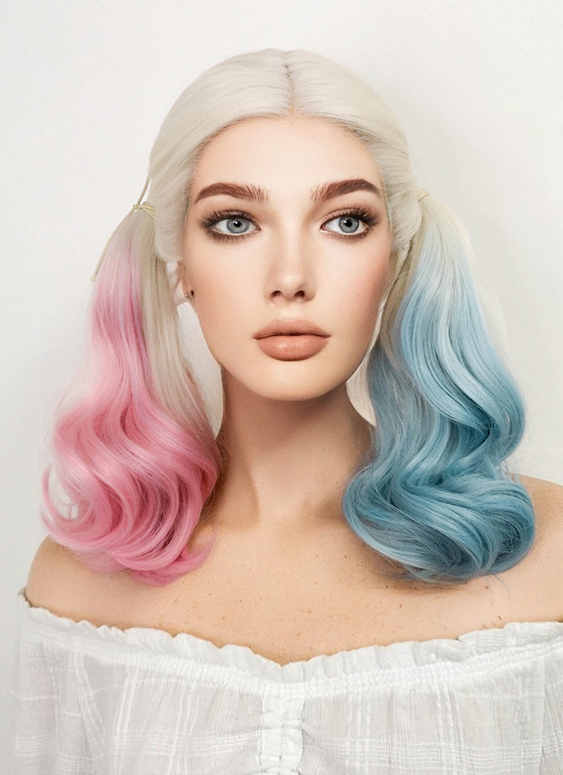 Suicide Squad Harley Quinn Medium Blonde Pink Blue Lace Front Synthetic Hair Wig LF853E