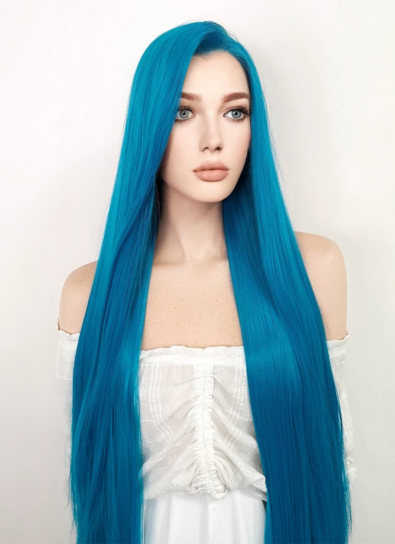 League of Legends LOL Jinx Long Straight Turquoise Blue Lace Front Synthetic Wig LN6020