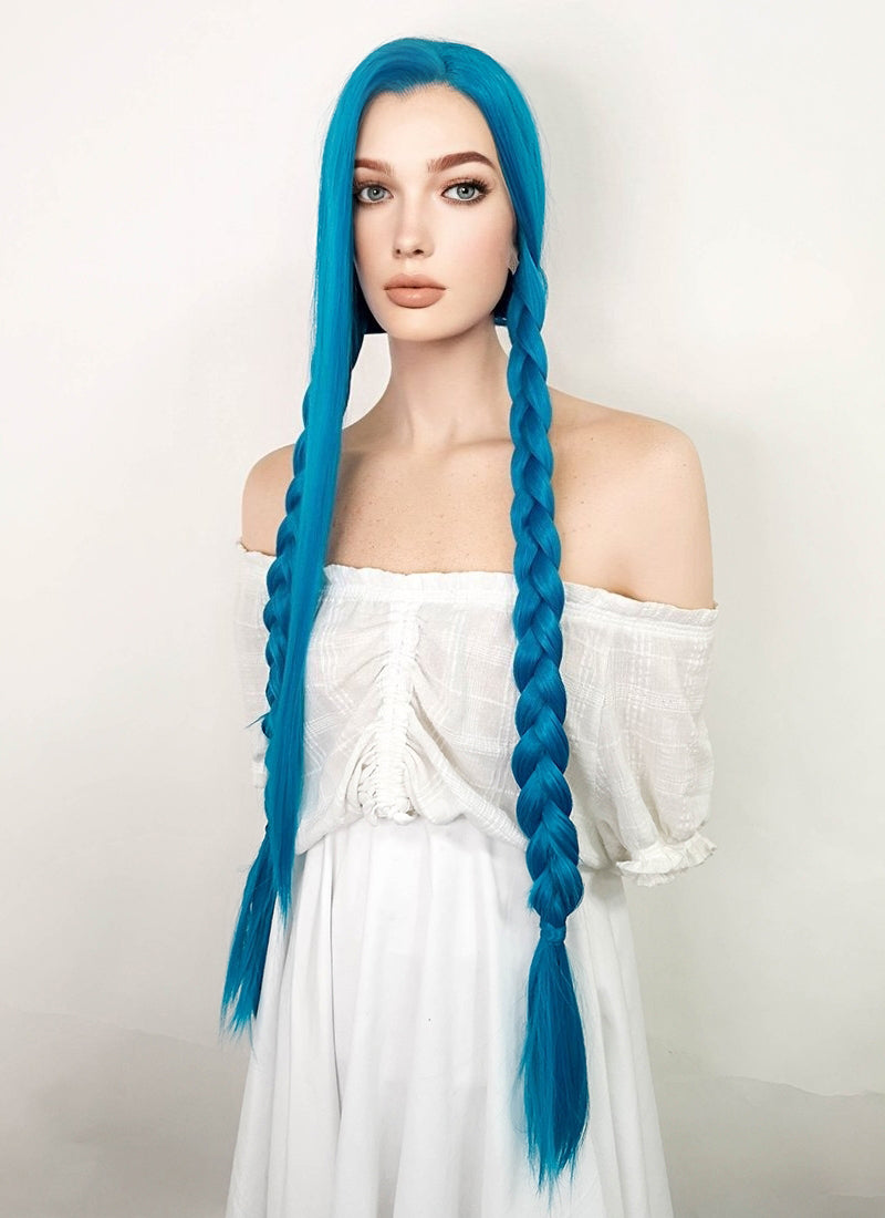 League of Legends LOL Jinx Long Straight Turquoise Blue Lace Front Synthetic Wig LN6020