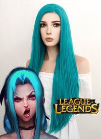League of Legends LOL Jinx Long Wavy Turquoise Blue Lace Front Synthetic Hair Wig LW714A