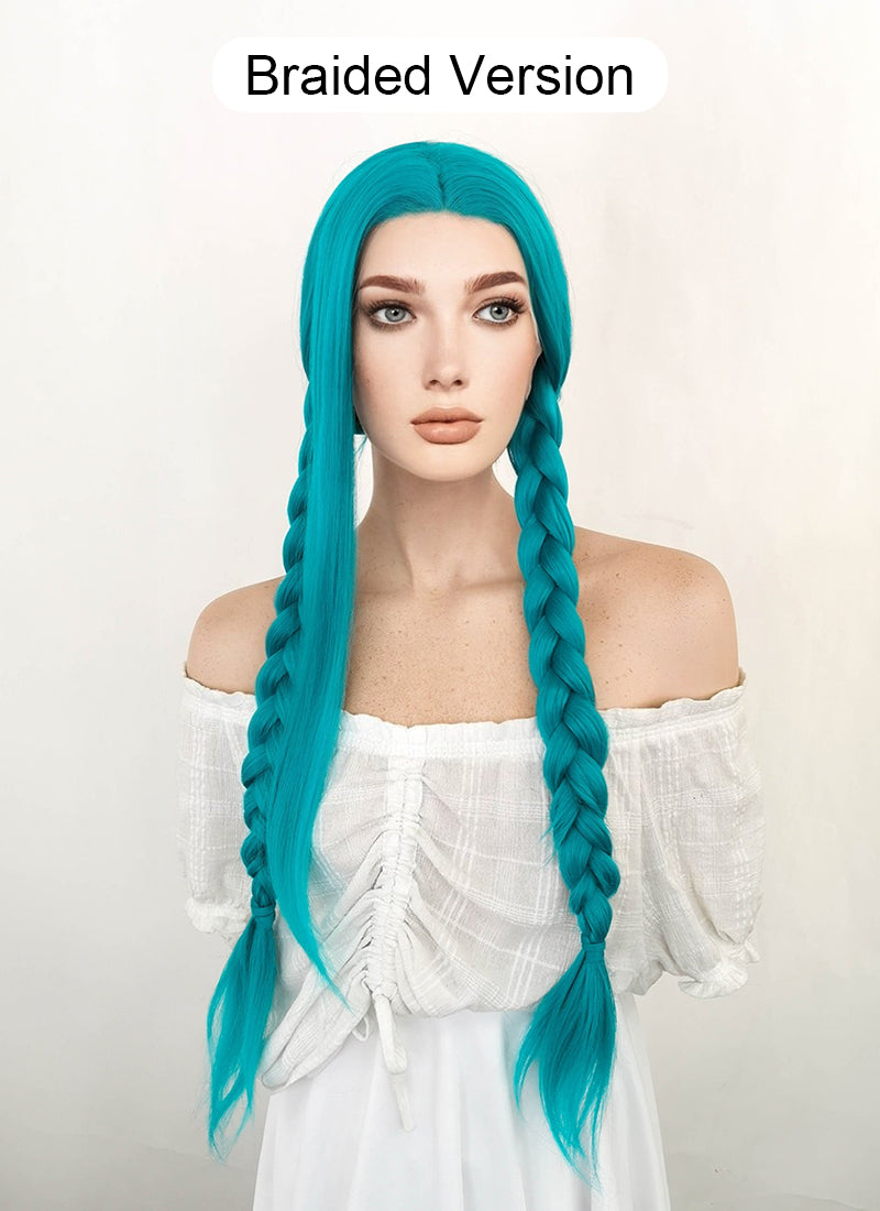 League of Legends LOL Jinx Long Wavy Turquoise Blue Lace Front Synthetic Hair Wig LW714A