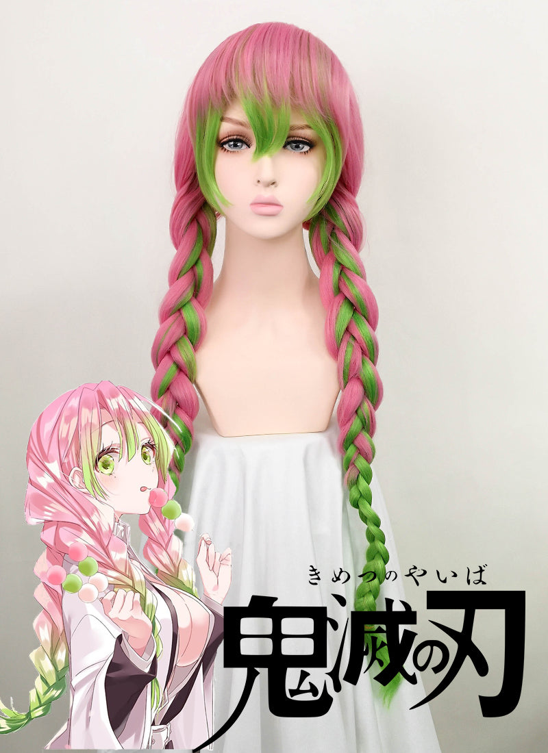 Demon Slayer Kanroji Mitsuri Long Pink Mixed Green Cosplay Wig TB1628