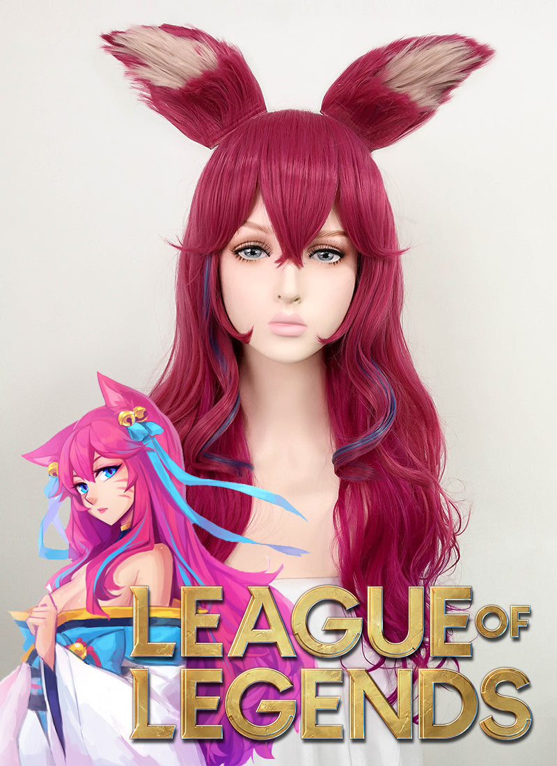 League of Legends LOL Ahri Long Magenta Mixed Purple Cosplay Wig + Ear Accessories TB1631