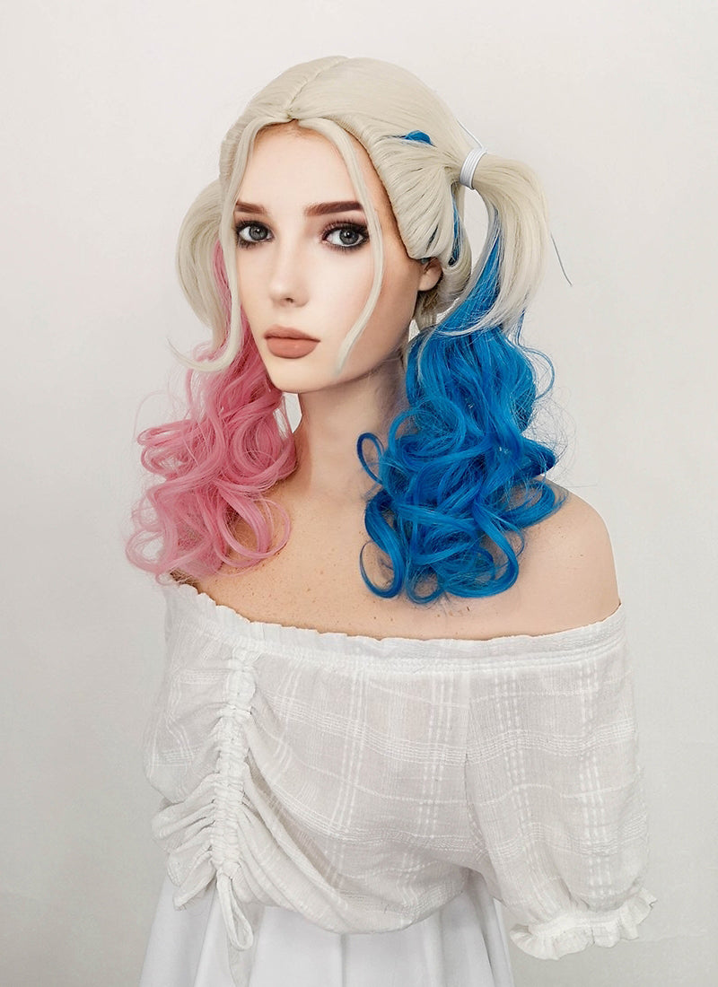 Suicide Squad Harley Quinn Long Blonde Pink Blue Cosplay Wig TBZ1163