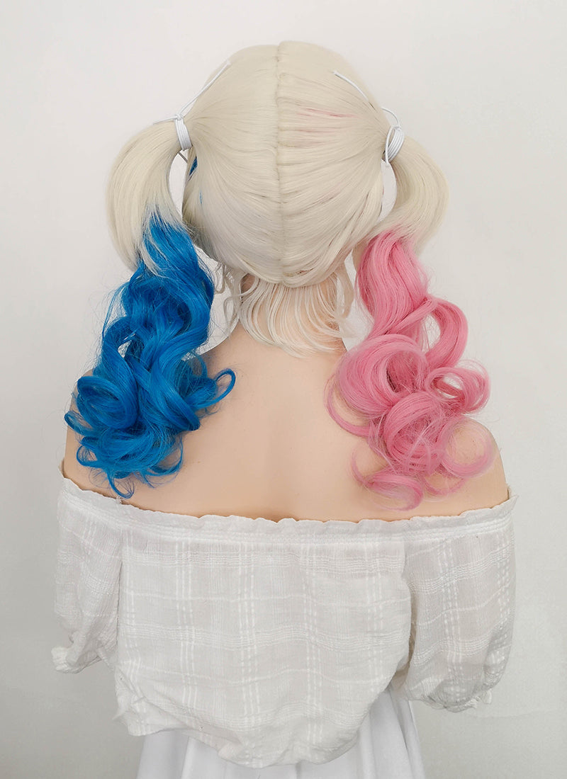 Suicide Squad Harley Quinn Long Blonde Pink Blue Cosplay Wig TBZ1163