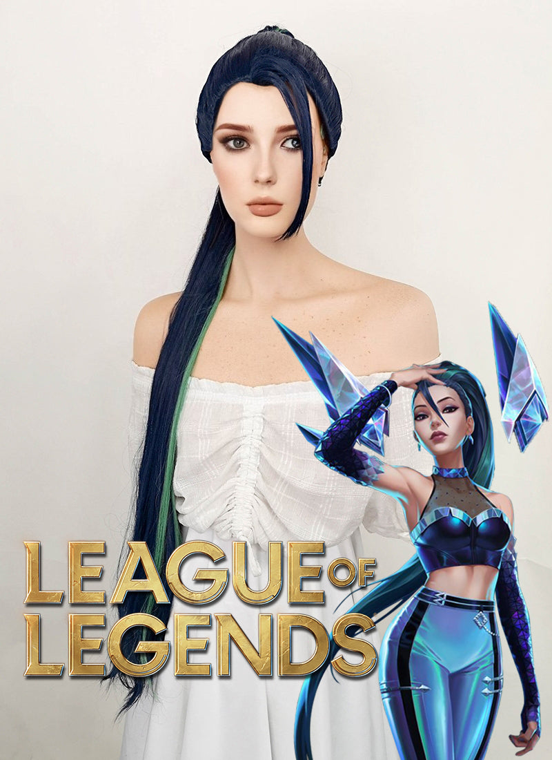 League of Legends Kai'Sa Long Blue Mixed Green Cosplay Wig TBZ1166