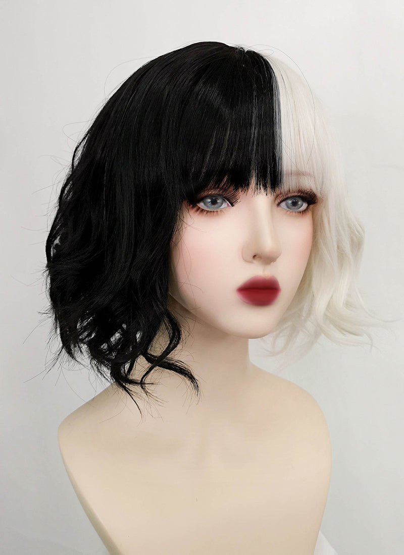 Disney Cruella Short Wavy Black Blonde Split Gemini Color Bob Cosplay Wig TBZ1173