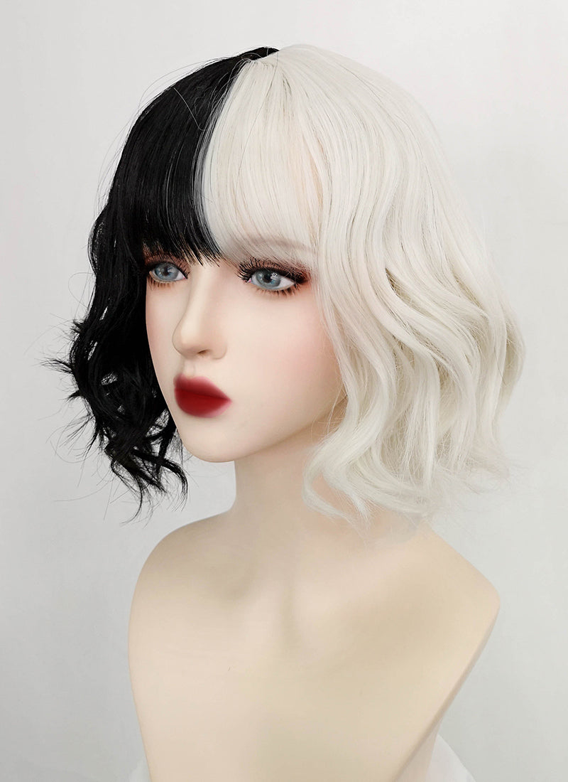 Disney Cruella Short Wavy Black Blonde Split Gemini Color Bob Cosplay Wig TBZ1173