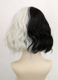 Disney Cruella Short Wavy Black Blonde Split Gemini Color Bob Cosplay Wig TBZ1173