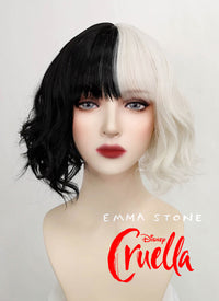 Disney Cruella Short Wavy Black Blonde Split Gemini Color Bob Cosplay Wig TBZ1173