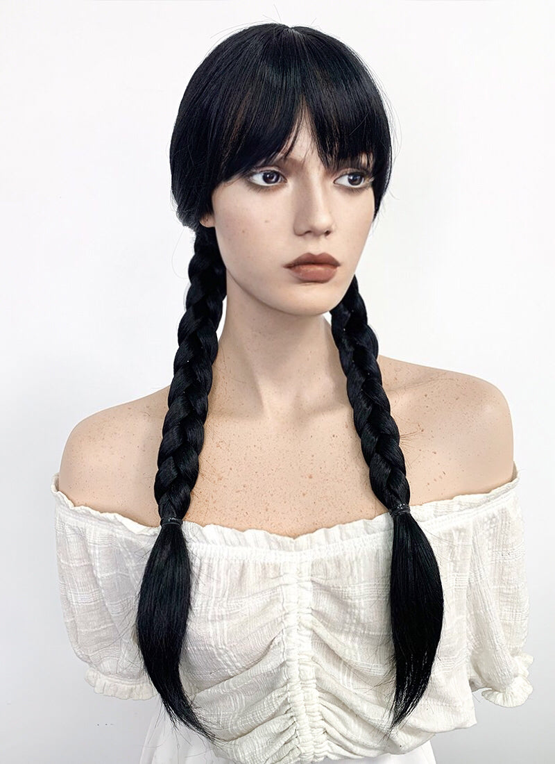 Wednesday Addams Long Straight Jet Black Braided Cosplay Wig TBZ871A