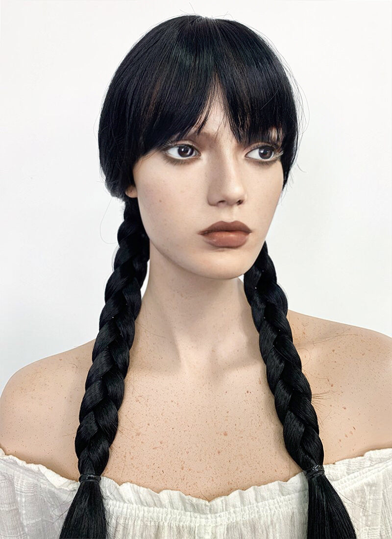 Wednesday Addams Long Straight Jet Black Braided Cosplay Wig TBZ871A