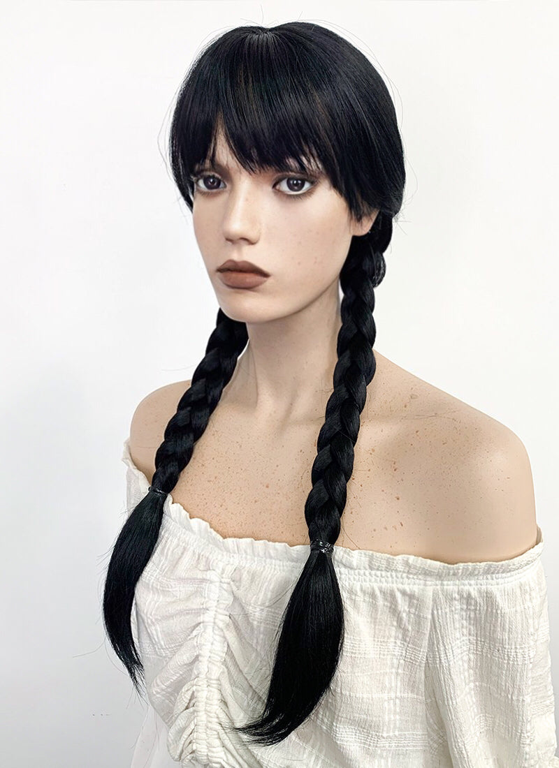 Wednesday 狼耳コート ダイヤカスタム 現品限り Wednesday Addams Long Straight Jet Black Braided Cosplay Wig TBZ871A